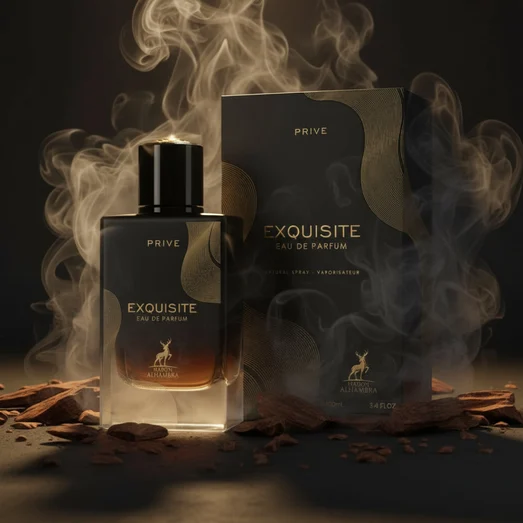 Exquisite Prive with swirling soft smoke, oud wood pieces around, warm low lighting, Arabian luxurious masculine mood