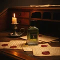 Extravagant Lover beside handwritten love letters and candle on Malaysian heritage desk; bottle and box clear.