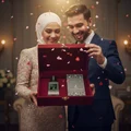 Malaysian couple revealing Extravagant Lover bottle and box from a velvet gift; raspberry‑rose confetti; warm spotlight, clear product.