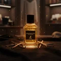 Extravagant Lover on dark suede with vanilla pods and glowing ember sparks; amber boutique light; bottle and box visible.