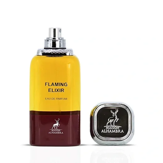 Yellow and red perfume bottle labeled 'Flaming Elixir' with floral background
