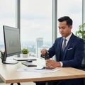 Man in a suit sitting at a desk with a computer and drinks, in an office setting.