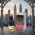 Fortnight perfume bottle and packaging with a city skyline in the background