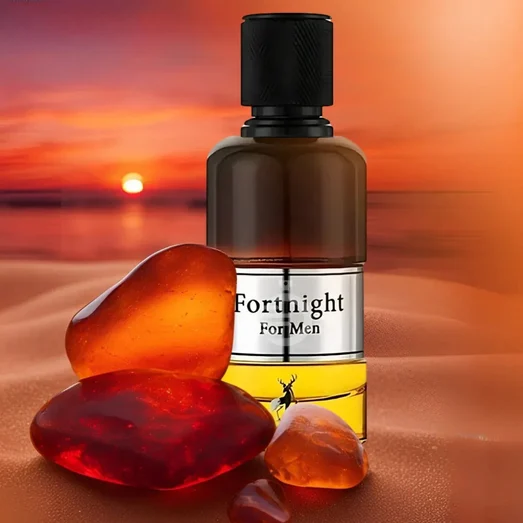 Perfume bottle labeled 'Fortnight For Men' with amber stones against a sunset beach background