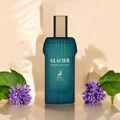 Blue Glacier Pour Homme perfume bottle with purple flowers and green leaves on a beige background