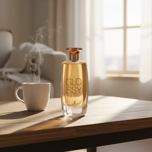 Glossy on coffee table pagi, vibe sweet calm