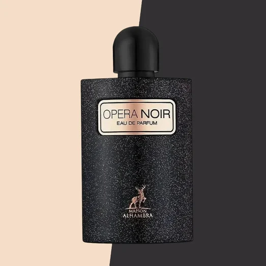 Black perfume bottle labeled 'Opera Noir' on a two-tone background