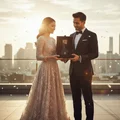 Man in a suit holding a box to a woman in a formal gown on a rooftop with cityscape background