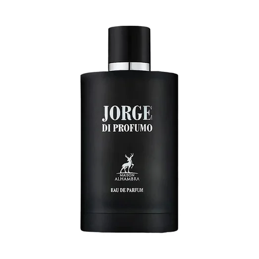 Black perfume bottle labeled 'Jorge di Profumo' on a gray background