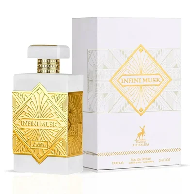 Perfume bottle and packaging with 'Musk Mood' branding on a white background