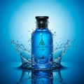 bottle Jean Lowe Azure perfume unisex viral - Jean Lowe Azure with dynamic water splash frozen mid-air, blue gradient background