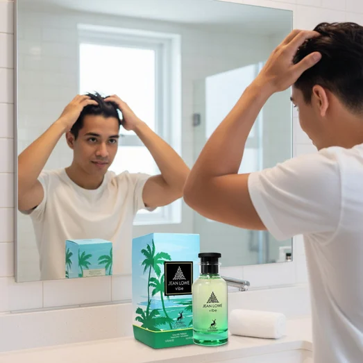 Malay man grooming with Jean Lowe Vibe perfume on counter men fragrance Malaysia