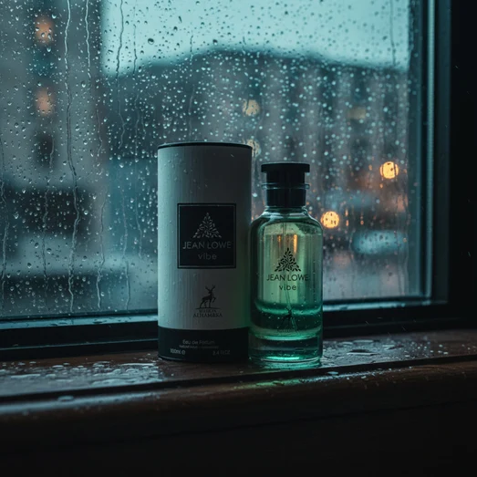 Jean Lowe Vibe perfume bottle rainy window men scent Malaysia