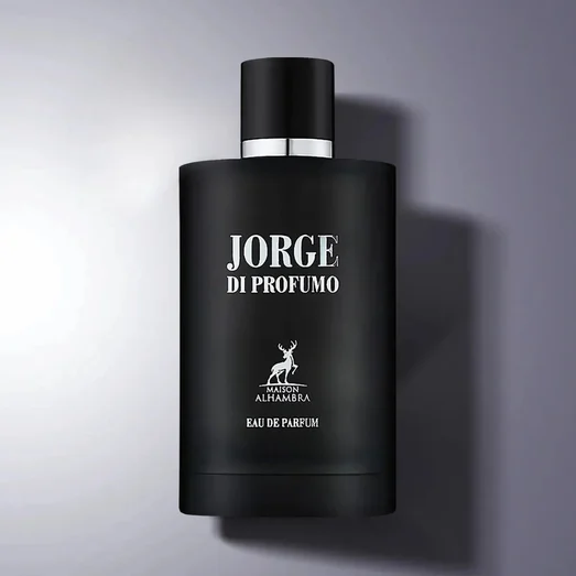 Black perfume bottle labeled 'Jorge di Profumo' on a gray background