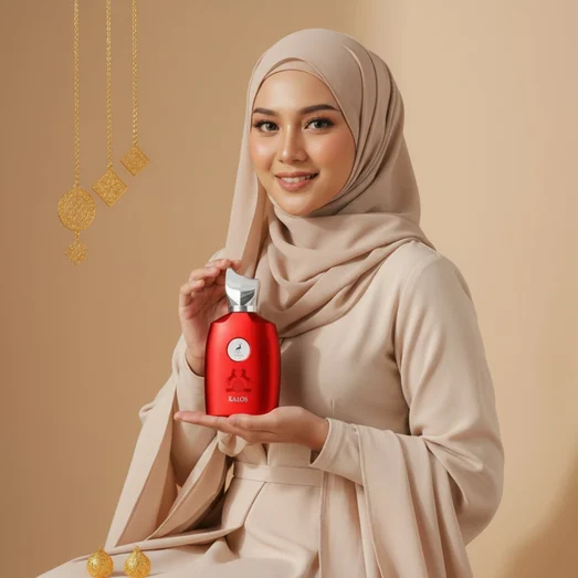 Hijabi holding Kalos Perfume Woman – style sopan feminine