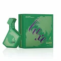 Green perfume bottle and packaging with 'LUXE' branding on a white background