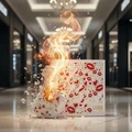 Flaming product packaging with red lip prints and 'LUXE' branding in a mall setting