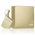 Gold perfume bottle and packaging with 'Luxe' branding on a white background