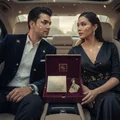 Man and woman sitting in a car with a jewelry box containing a necklace and card.