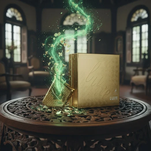 Gold box labeled 'Luxe' with green energy effect on a wooden table in an elegant room.