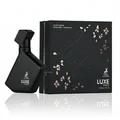 Black perfume bottle and packaging with 'Luxe Street' branding on a white background