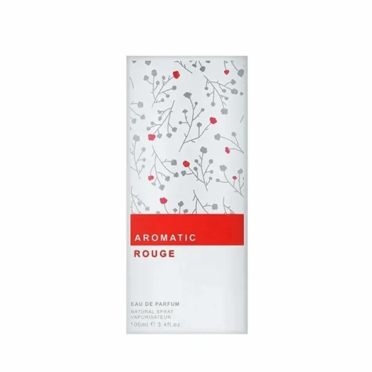 Perfume packaging with floral design and 'Aromatic Rouge' text on a white background
