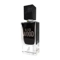 Perfume bottle labeled 'Black Wood' on a white background