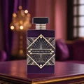 Purple perfume bottle labeled 'Infini Elixir' on a wooden table with a blurred background