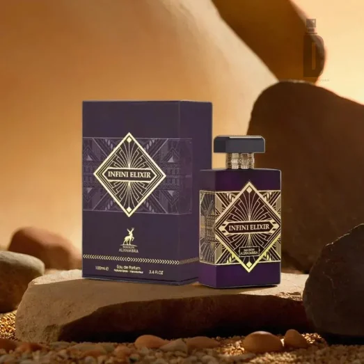 Infini Elixir perfume bottle and packaging on a natural stone surface with a warm glow.