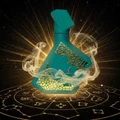 Teal perfume bottle with intricate designs on a dark background with star-like lights and smoke effects.