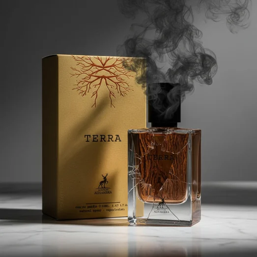 Terra Perfume botol minyak wangi broken, wood fog emerging; studio on white marble — botol dan kotak jernih, pencahayaan sinematik Malaysia