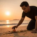 Man placing a botol minyak wangi in the sand on a beach at senja Malaysia