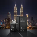 Man Black Edition with KLCC backdrop evening, tone noir masculine