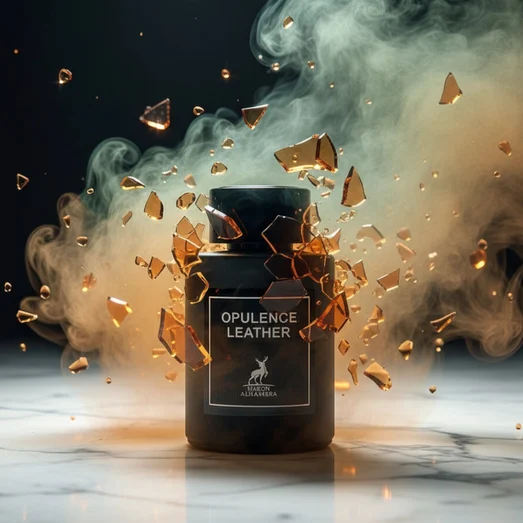 Opulence Leather perfume bottle with decorative elements on a dark background