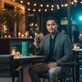 Malay man at outdoor KL café at night holding Glacier Bold, warm café light mixed with icy blue tones, classy lifestyle mix