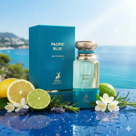 Pacific Blue perfume bottle and packaging with lemons, limes, and flowers on a reflective surface with a scenic background.