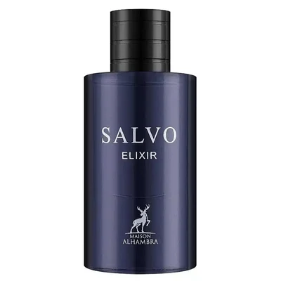 Blue bottle of Salvo Elixir with black cap on a white background