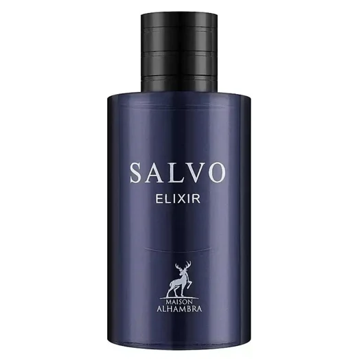 Blue bottle of Salvo Elixir with black cap on a white background