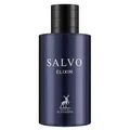 Blue bottle of Salvo Elixir with black cap on a white background