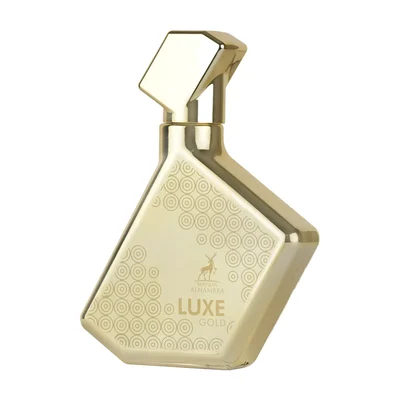 Perfume bottle with leather-like design and gold accents on a white background
