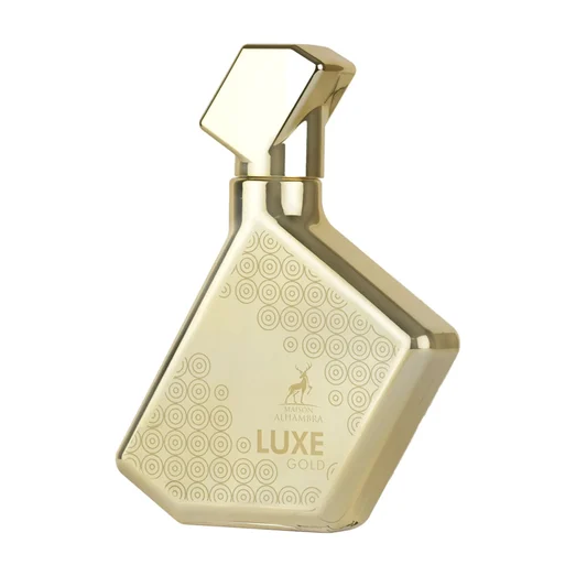Gold perfume bottle with 'Luxe Gold' branding on a white background