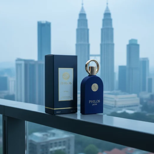 Philos Pura by Maison Alhambra perfume bottle blue morning KL skyline men fragrance