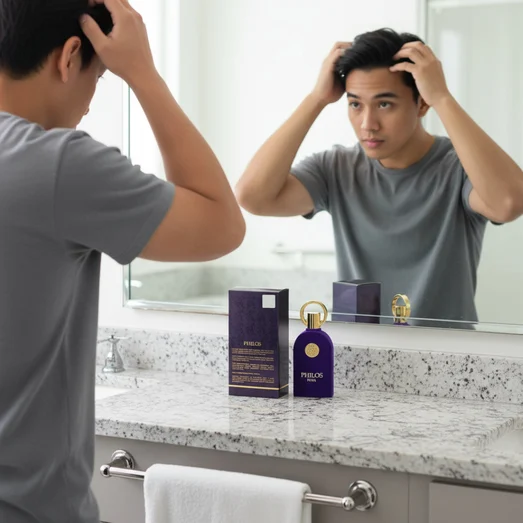 Malay man grooming with Philos Pura by Maison Alhambra perfume on counter men fragrance