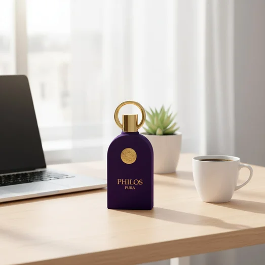 Philos Pura by Maison Alhambra perfume bottle office desk clean modern men fragrance