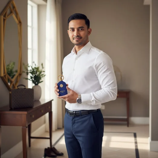 Malay man white shirt holding Philos Pura Maison Alhambra perfume men scent