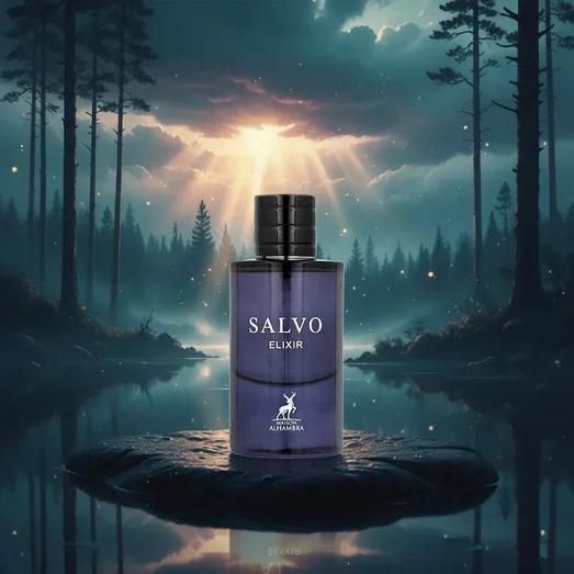 Salvo Elixir perfume bottle in a mystical forest setting with a lake and sunlit trees.