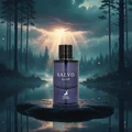 Salvo Elixir perfume bottle in a mystical forest setting with a lake and sunlit trees.