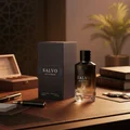 Salvo by Maison Alhambra men's perfume at table kulit, style gentleman, warm amber lighting