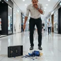Man standing in a mall with broken items on the floor