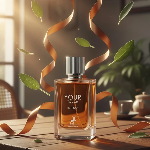 Your Touch Intense on polished marble with juniper and icy mist, Malaysian interior clear bottle and box, cinematic realism.